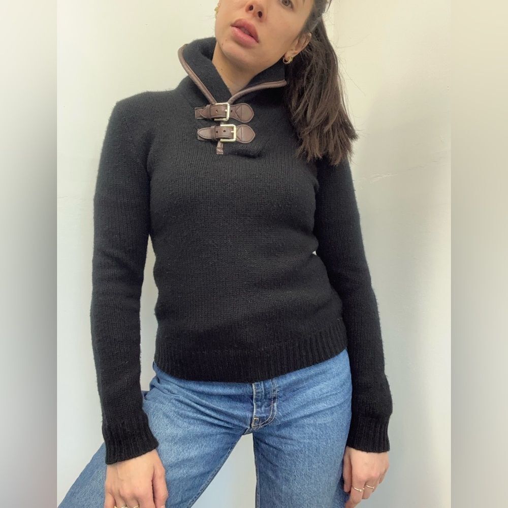 Black Label Ralph Lauren Black Knit 100% Cashmere & Leather Buckle Sweater M